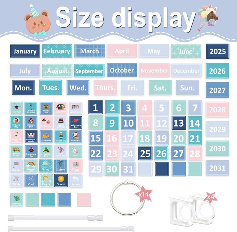EggSun 96 Cards Classroom Bulletin Board Decorations Set for Teachers,Flip Calendar with Holder for Classroom,Adjustable Calendar,Preschool Elementary Home Decor Supplies（Blue and Green） - Image 2